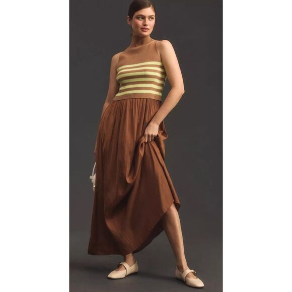 Anthropologie Brown and Yellow Striped Maxi Dress - Picture 1 of 8
